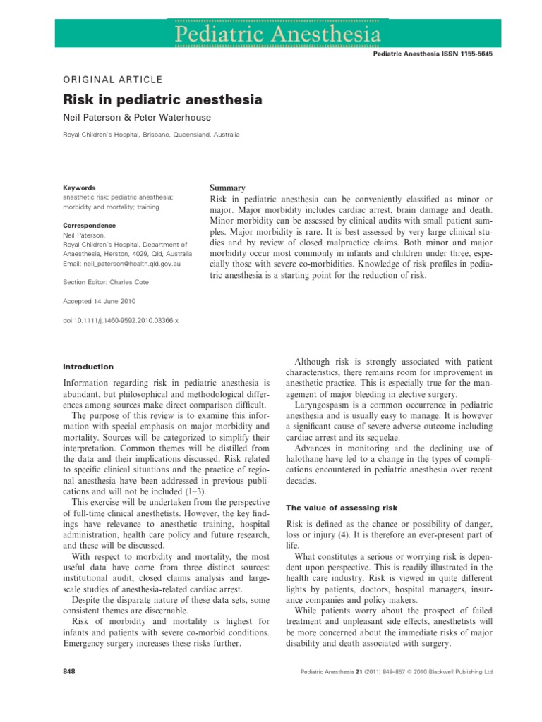 Risk in Pediatric Anesthesia PDF | PDF | Anesthesia | Risk