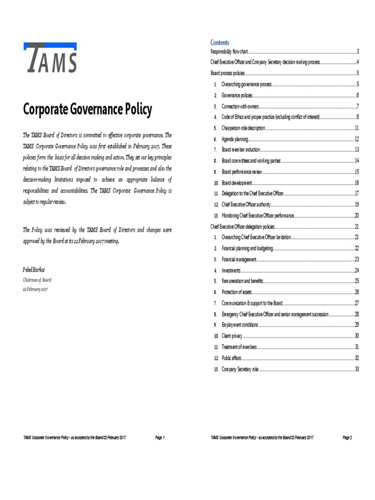 TAMS Governance Policy | PDF | Board Of Directors | Corporate Governance