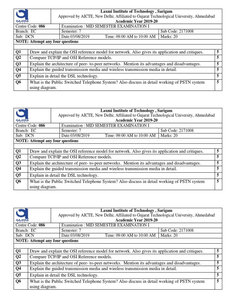 DCN Mid-Semester Exam Questions 2019 | PDF | Public Switched Telephone ...