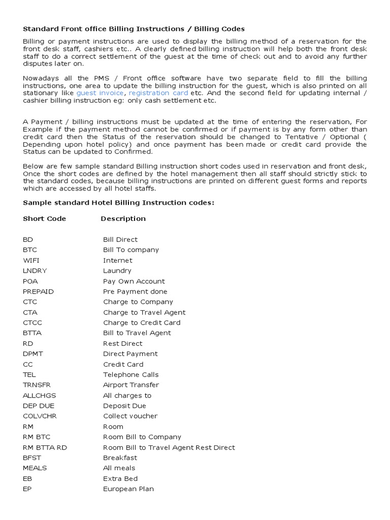 Standard Hotel Billing Instructions | PDF | Invoice | Payments