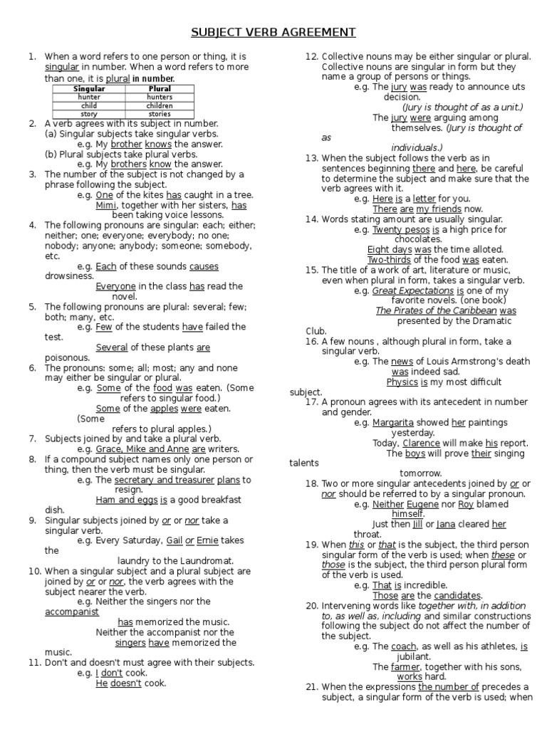 Subject Verb Agreement: in Number | PDF | Grammatical Number | Plural