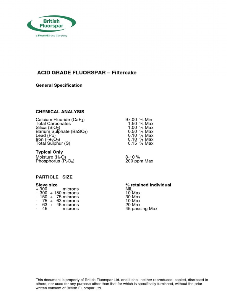 Acid Grade Fluorspar Specifications | PDF | Chemical Elements | Chemistry