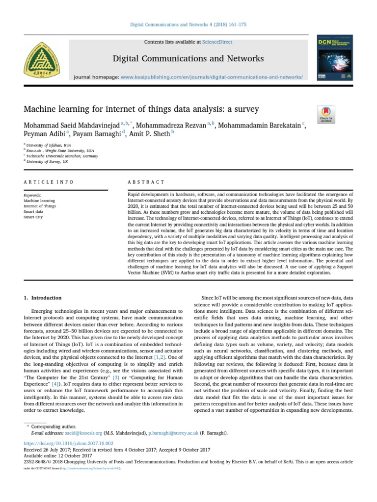 Machine Learning For Internet of Things Data A 2018 Digital ...