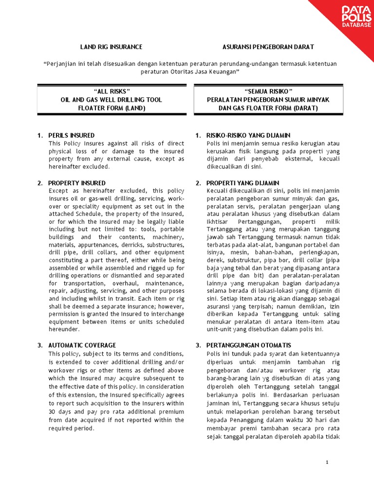 All Risks Oil and Gas Well Drilling Tool Floater Form Land Insurance PDF