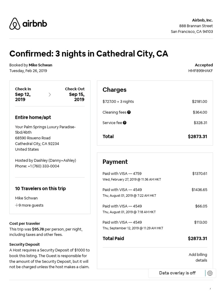 Airbnb Travel Receipt, Confirmation Code HMF899HAKF PDF Airbnb Fee