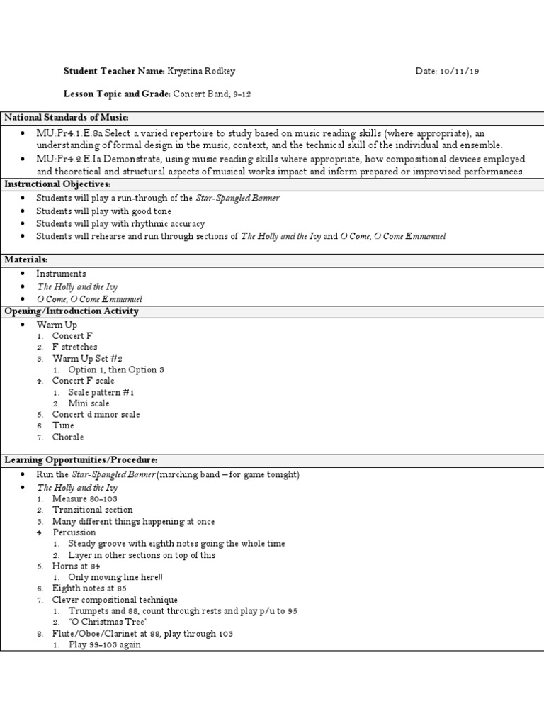 Student Teacher Name Krystina Rodkey Lesson Topic and Grade Concert