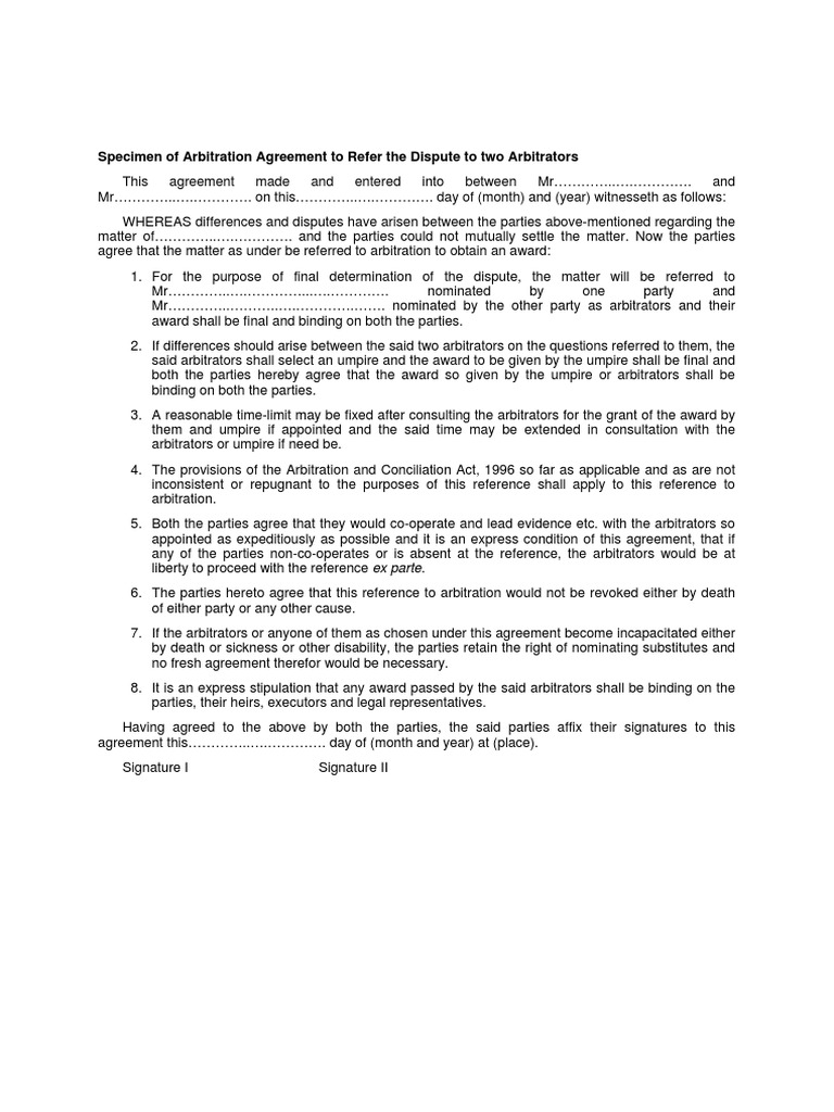 Arbitration Agreement Sample Document | PDF | Arbitral Tribunal ...