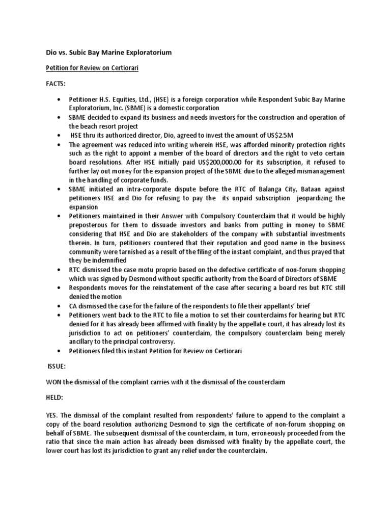 Dio vs. Subic Bay Marine Case Review | PDF | Lawsuit | Complaint