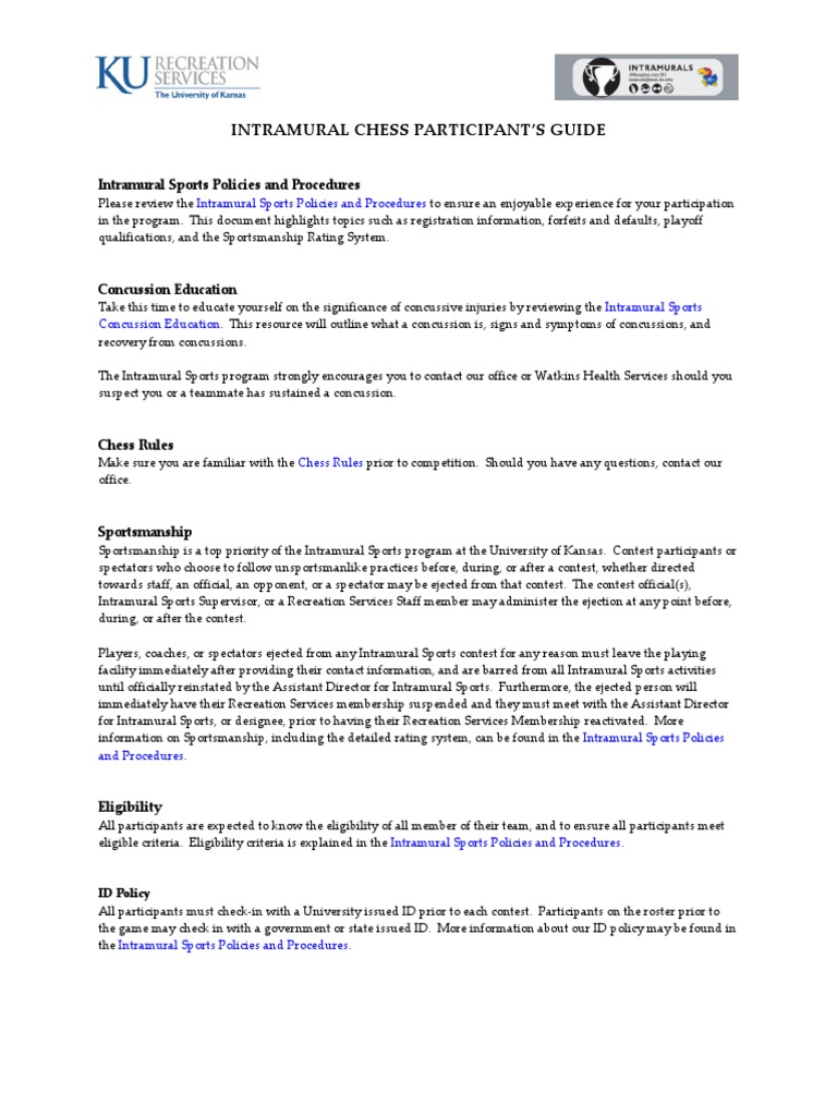 Intramural Chess Participant'S Guide Intramural Sports Policies and