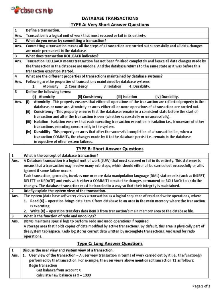 Database Transactions TYPE A: Very Short Answer Questions | PDF ...