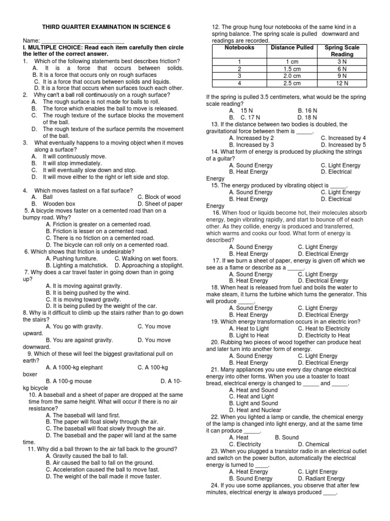 Science 6 Third Quarter Exam Guide | PDF | Machines | Force