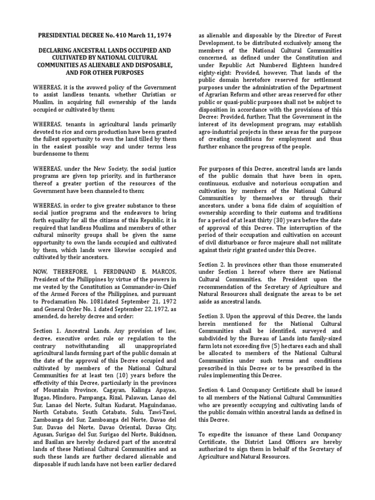 Ancestral Lands Decree 410, 1974 | PDF | Decree | President Of The ...