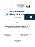 Certificate of Recognition: Philsin College Rizal Inc