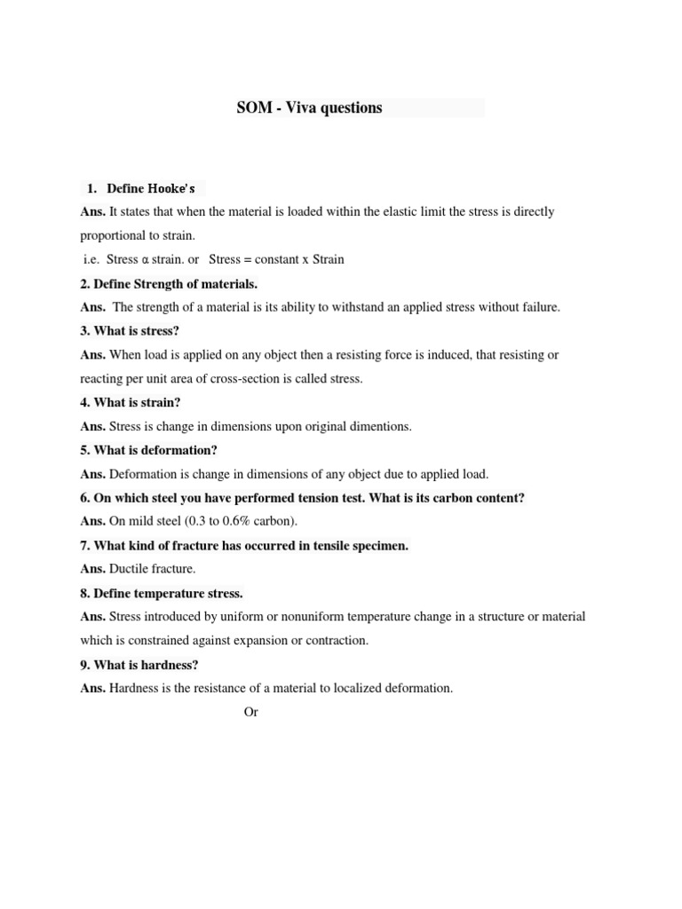 Strength of Materials Viva Questions PDF Strength Of Materials