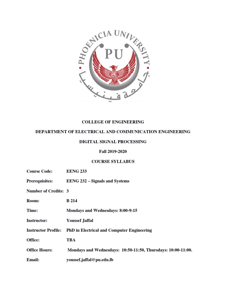 EENG233 Syllabus 201910 PDF Digital Signal Processing Signal