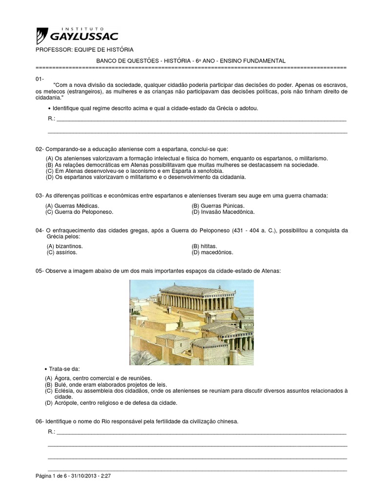 Banco de questões sobre história da Grécia Antiga, China Antiga e Roma ...