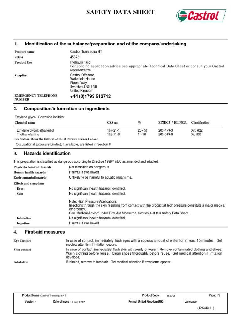 MSDS Castrol Transaqua HT-Hydraulic Fluid - 1 | PDF | Firefighting ...