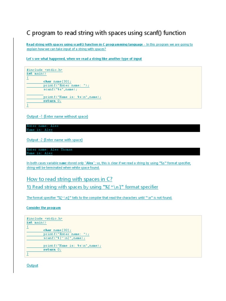 C Program To Read String With Spaces Using Scanf Function | PDF | C ...