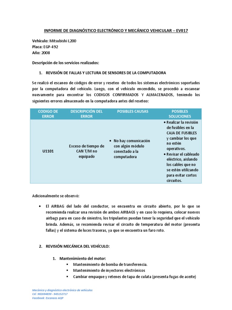 Informe de Diagnóstico Electronico y Mecanico Vehicular - Ev017 | PDF ...