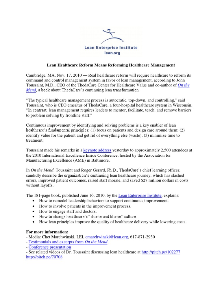 News Release: AME Lean Healthcare Keynote | PDF | Lean Manufacturing ...