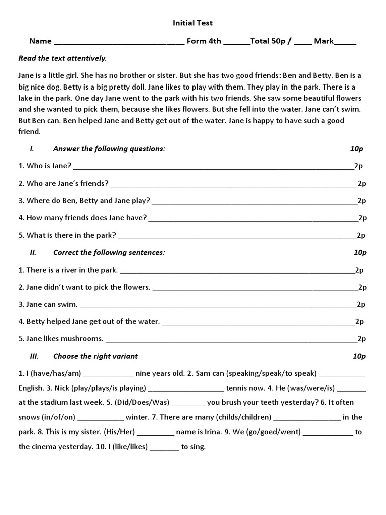 Initial Test Name - Form 4th - Total 50p / - Mark | PDF