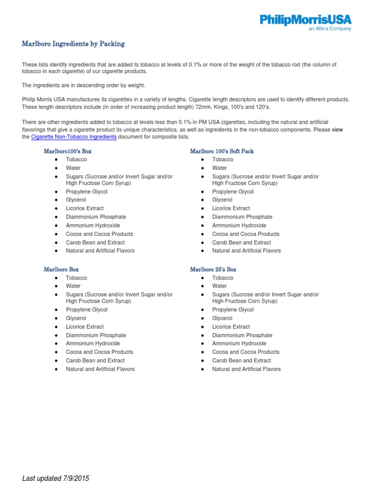 chemicals in marlboro cigarettes Flavour chemical profile for 'velvet fusion blast'. Flavour Chemicals in Cigarettes and Tobacco: