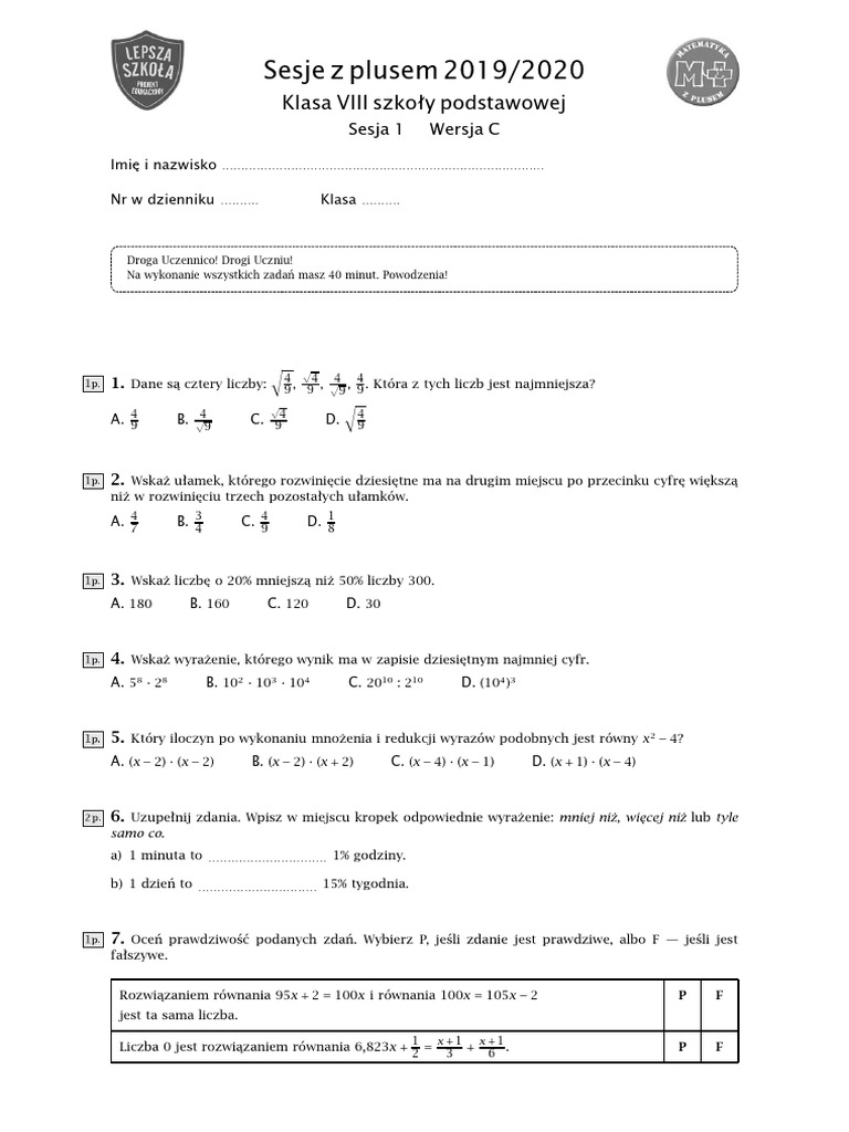 Sesja Z Plusem Klasa 7 2020/2021 Odpowiedzi Sesje z plusem 2019/2020 Klasa VIII