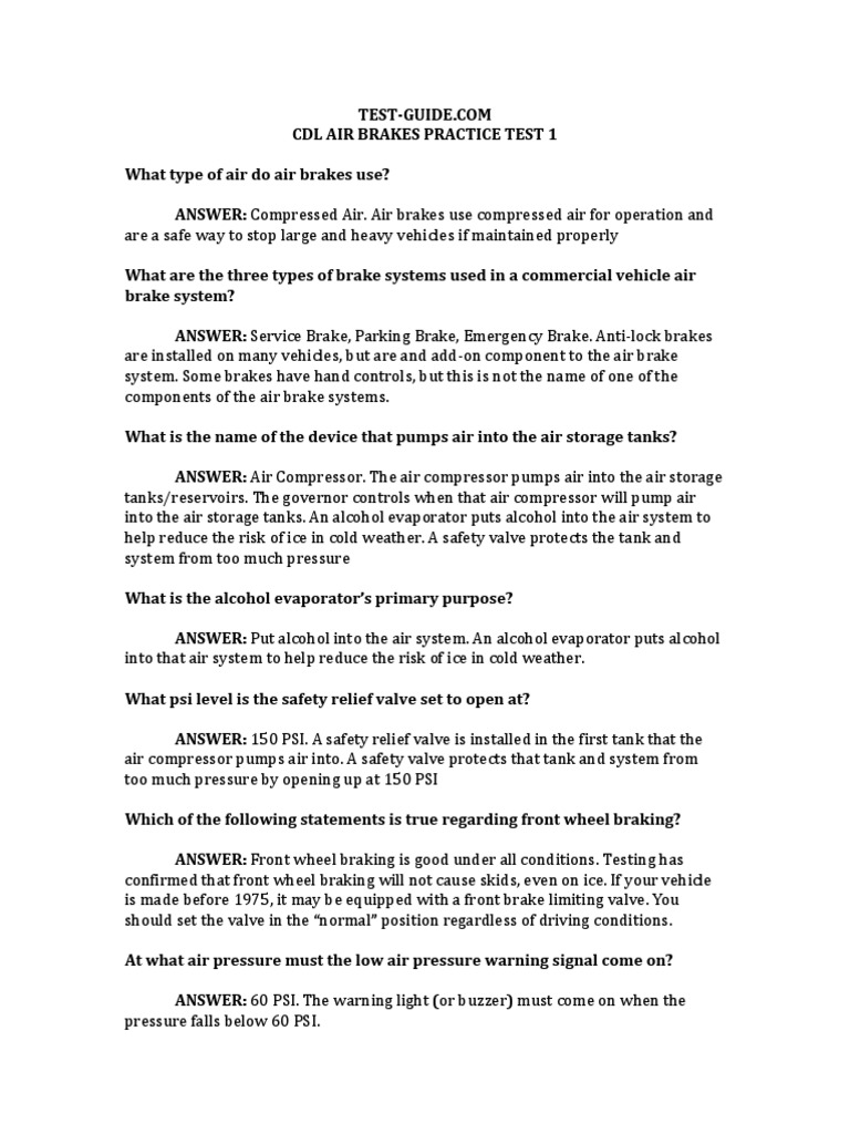 Cdl Airbrakes Practice Tests Pdf Brake Vehicles