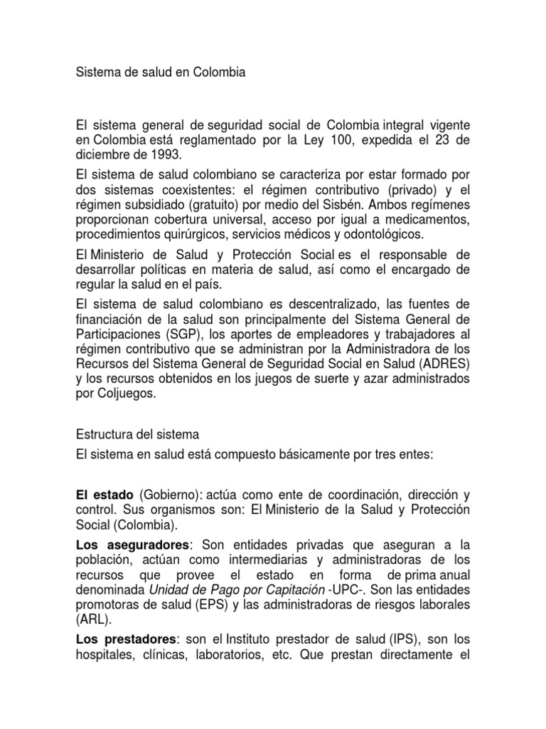 Sistema de Salud en Colombia: Ley 100 | PDF | Cuidado de salud del ...