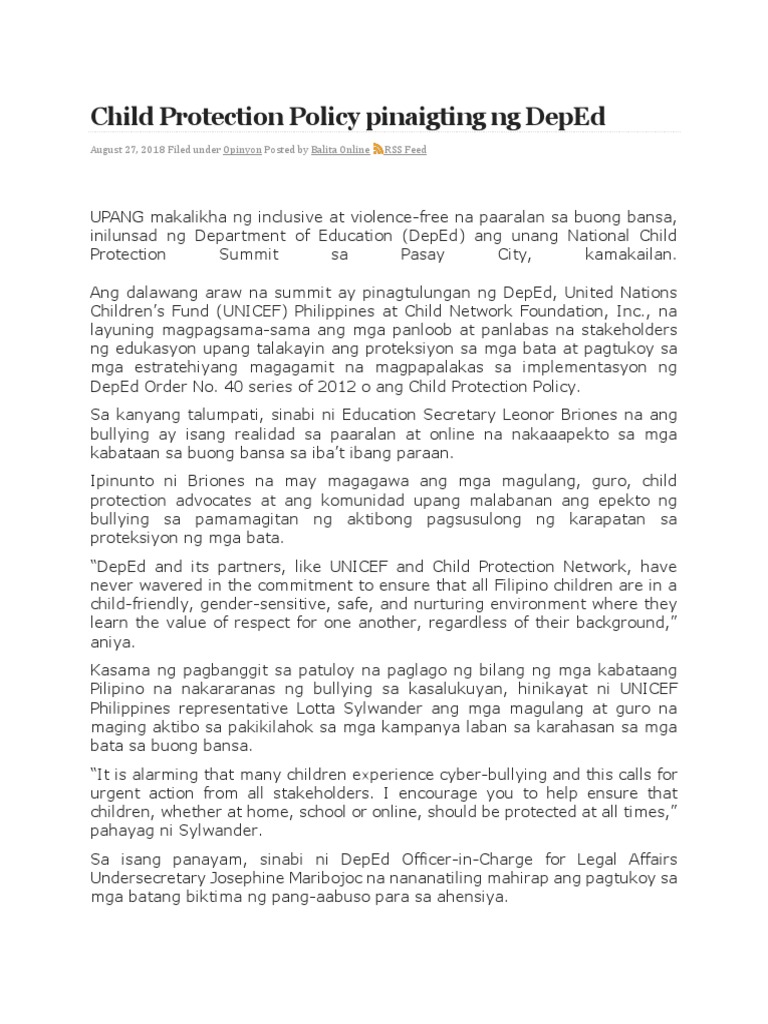 Child Protection Policy Pinaigting NG DepEd | PDF