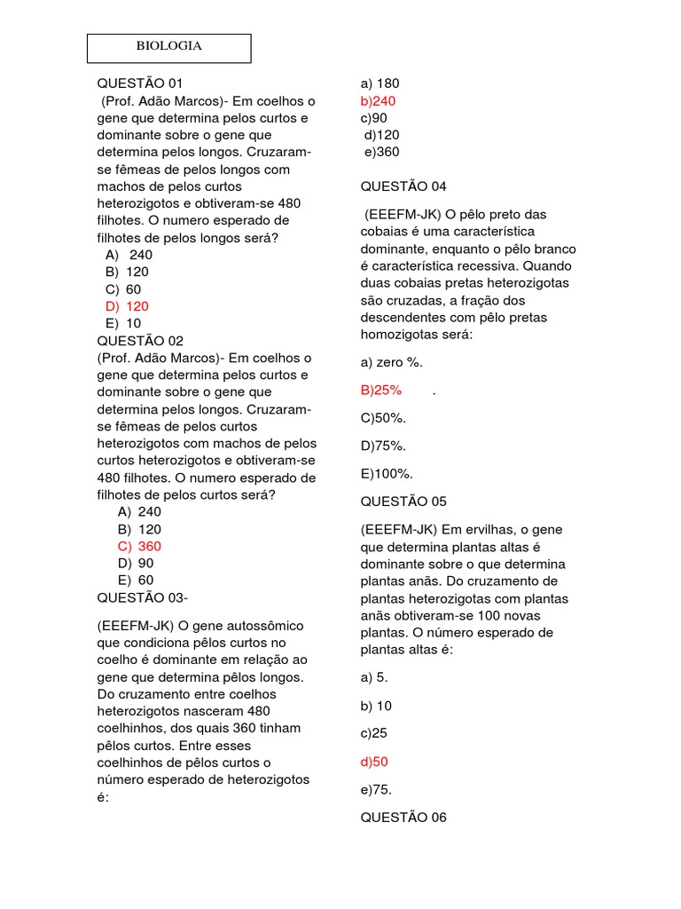 Questões - Genética 1º Lei de Mendel | PDF | Dominância (genética ...