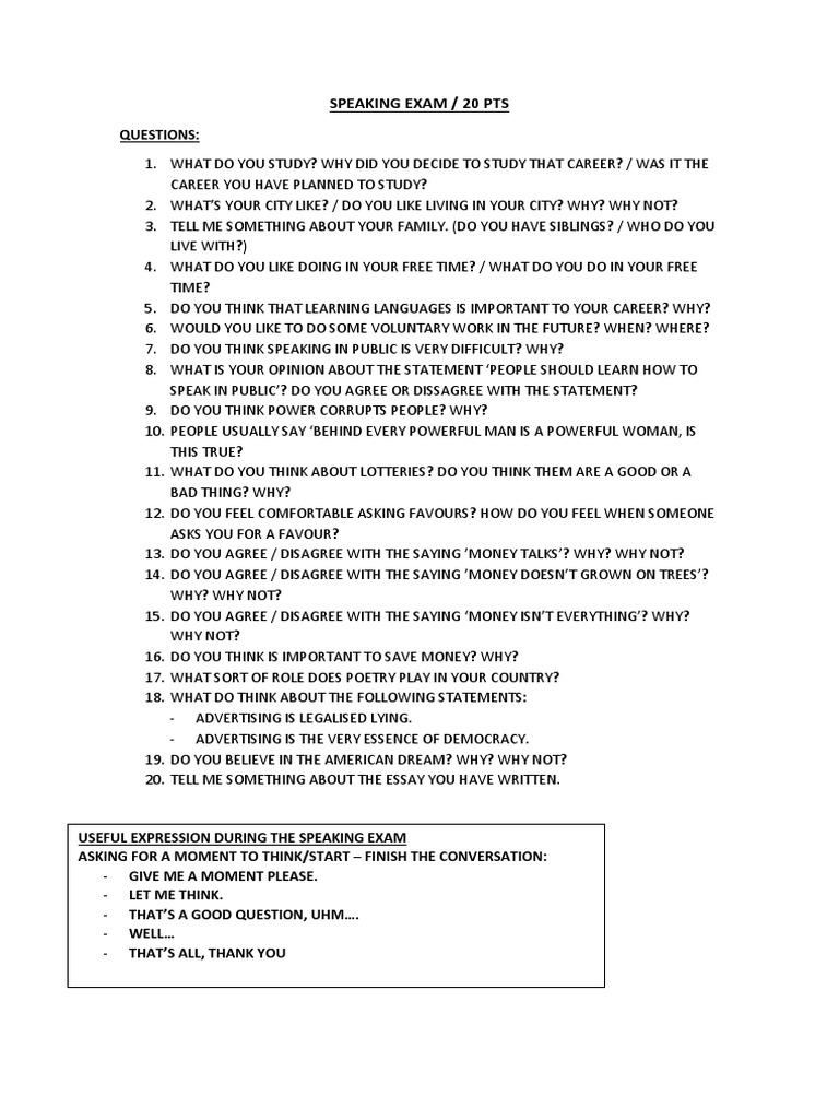 Speaking - Questions - Primer Speaking | PDF