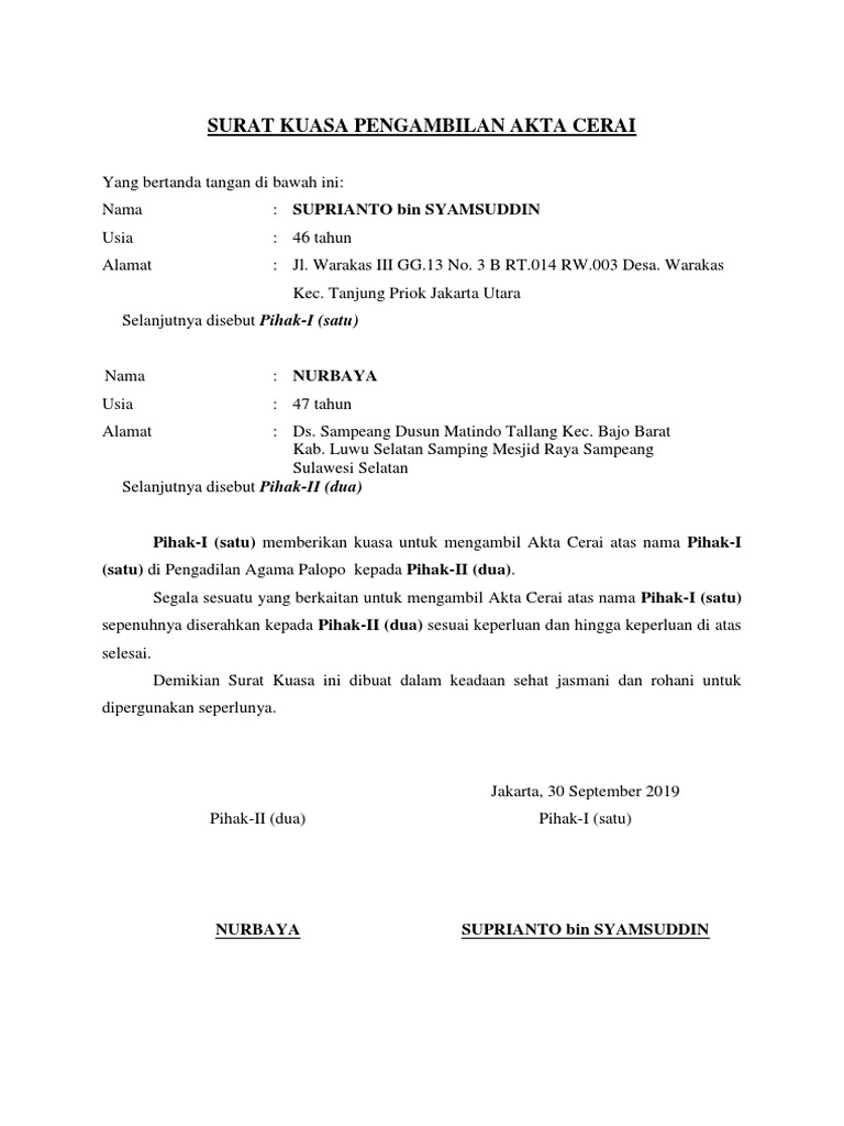 17++ Contoh surat kuasa pengambilan akta cerai word terbaru yang baik