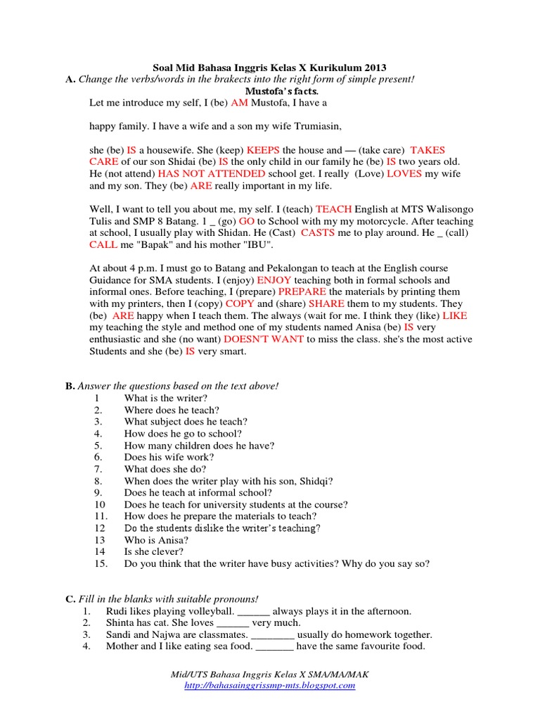 Soal Mid Bahasa Inggris Kelas X Kurikulum 2013 Linguistics Syntax