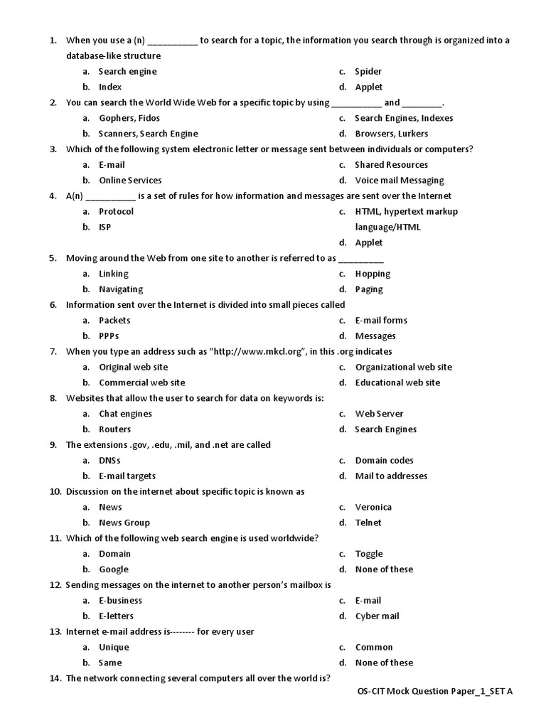 OS CIT Mock Question Paper 1 SET A PDF Websites World Wide Web