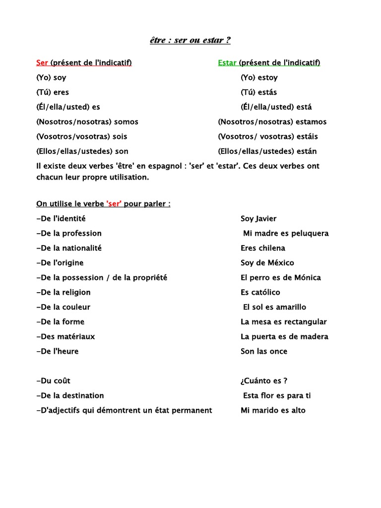 Verbe Etre Au Passe Compose En Espagnol Espagnol 4 Eme Leccion Etre Ser Ou Estar | PDF | Mécanique du langage |  Philologie