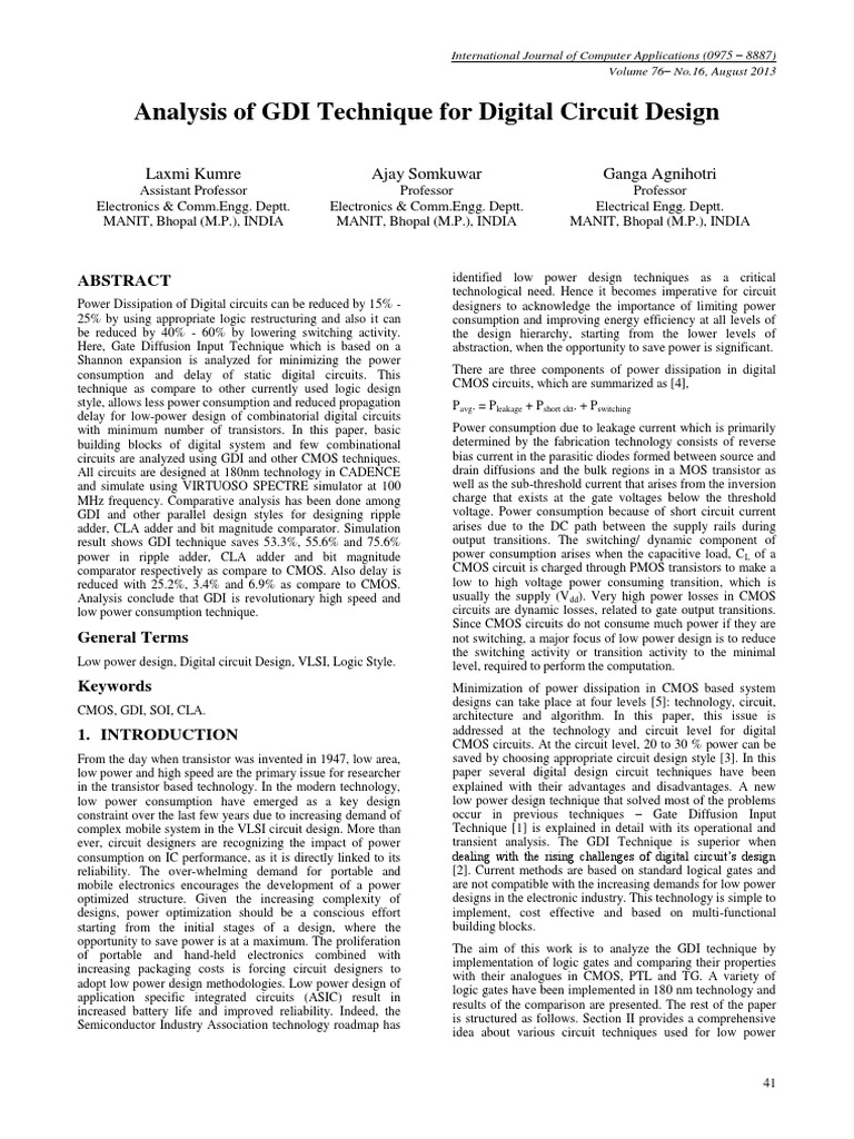 GDI Technique for Low-Power Digital Circuits | PDF | Cmos | Logic Gate