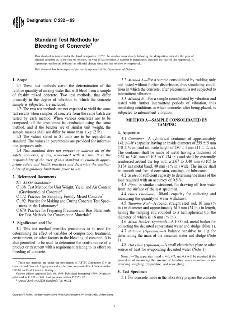 Concrete Bleeding Test Methods C 232 | PDF | Concrete | Kilogram