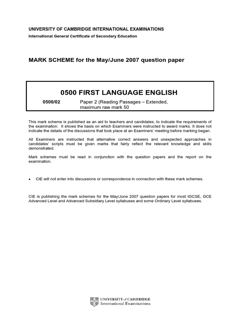0500 First Language English: MARK SCHEME For The May/June 2007 Question ...