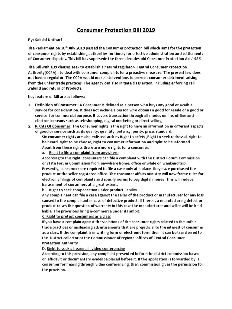 Consumer Protection Bill 2019 | PDF | Product Liability | Consumer ...