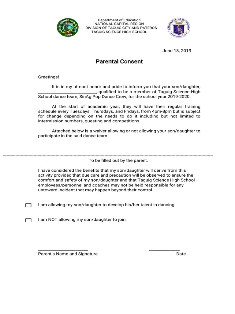 Parental Consent for Dance Team Participation | PDF