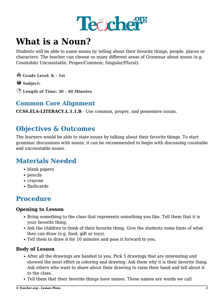 What Is A Noun? Objectives & PDF Noun Lesson Plan