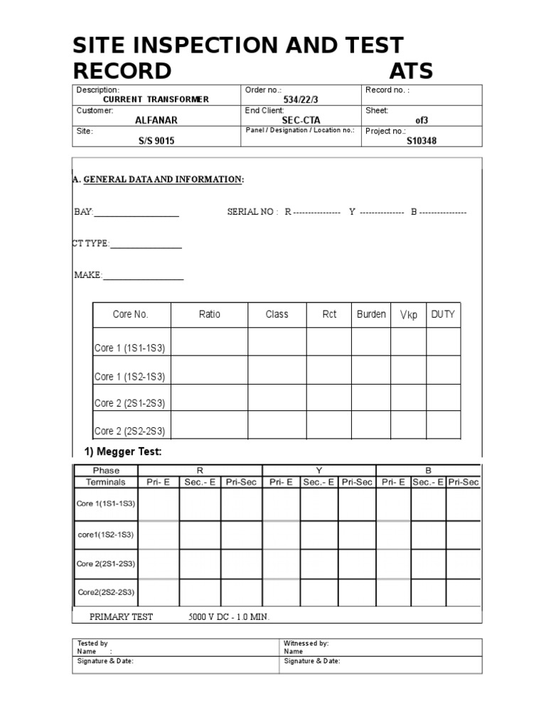 Current Transformer Inspection Record | PDF | Transformer | Electrical ...