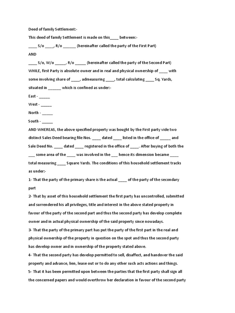 Deed of Family Settlement Sample 2 PDF