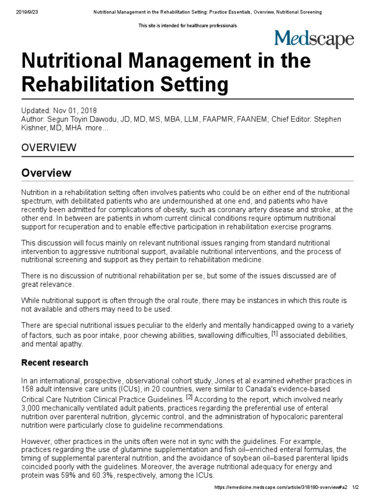 Nutritional Management in The Rehabilitation Setting: Recent Research ...