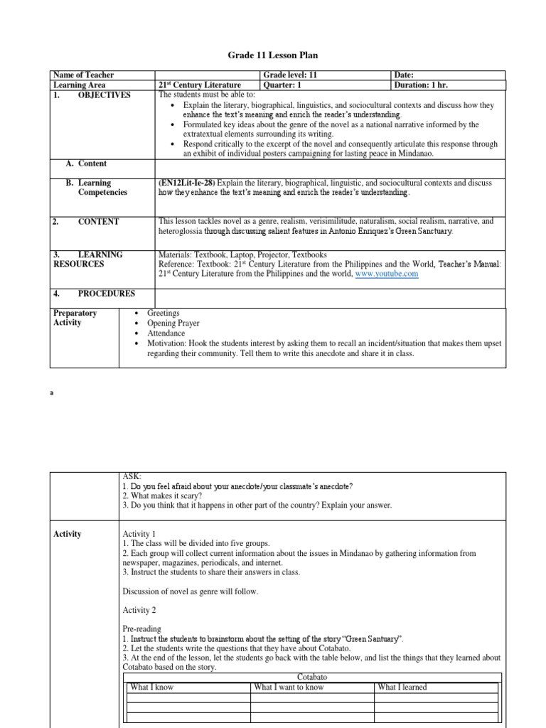 Grade 11 Literature Lesson on Mindanao | PDF | Cognition | Communication