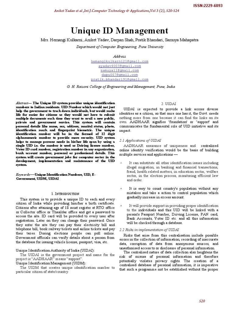 Unique ID Management: Mrs. Hemangi Kulkarni, Aniket Yadav, Darpan Shah ...