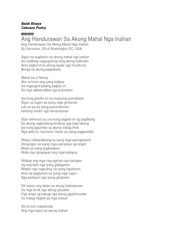 Ang Handurawan Sa Akong Mahal Nga Inahan: Balak Bisaya Cebuano Poetry | PDF