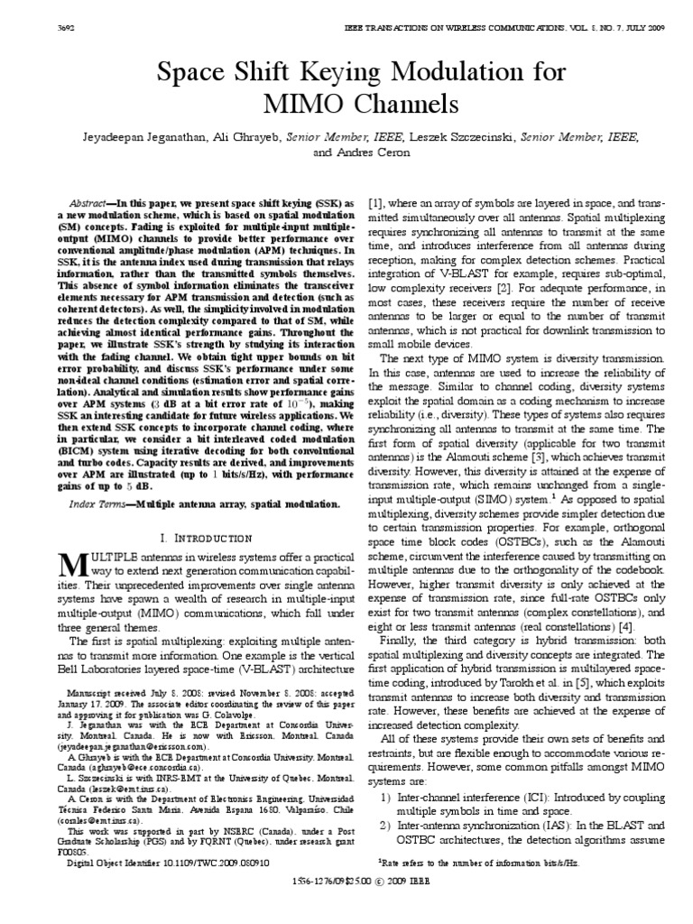 Space Shift Keying for MIMO Channels | PDF | Mimo | Modulation