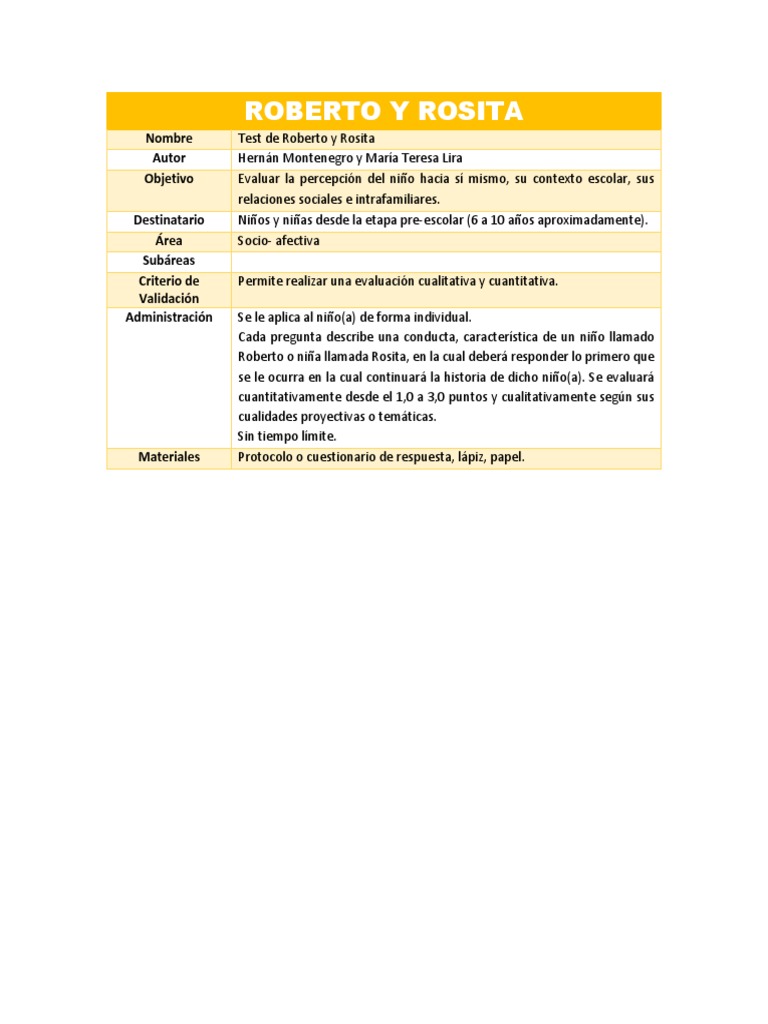 Ficha Tecnica Test ROBERTO Y ROSITA | PDF